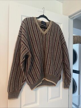Men's V-Neck Striped Wool Sweater - Brown/Multi - 100% Wool